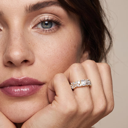 Isha Cluster Emerald & Pear Diamond Anniversary Ring in Yellow Gold - model.jpg