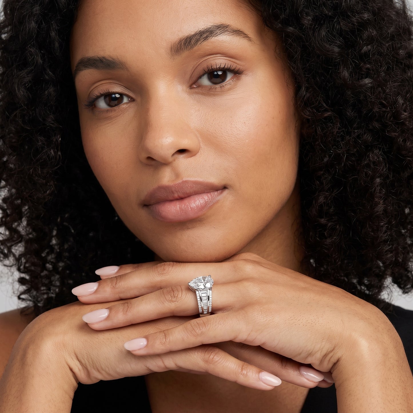 Halle Channel Set Baguette Accent Pear Diamond Engagement Ring in Silver - model.jpg