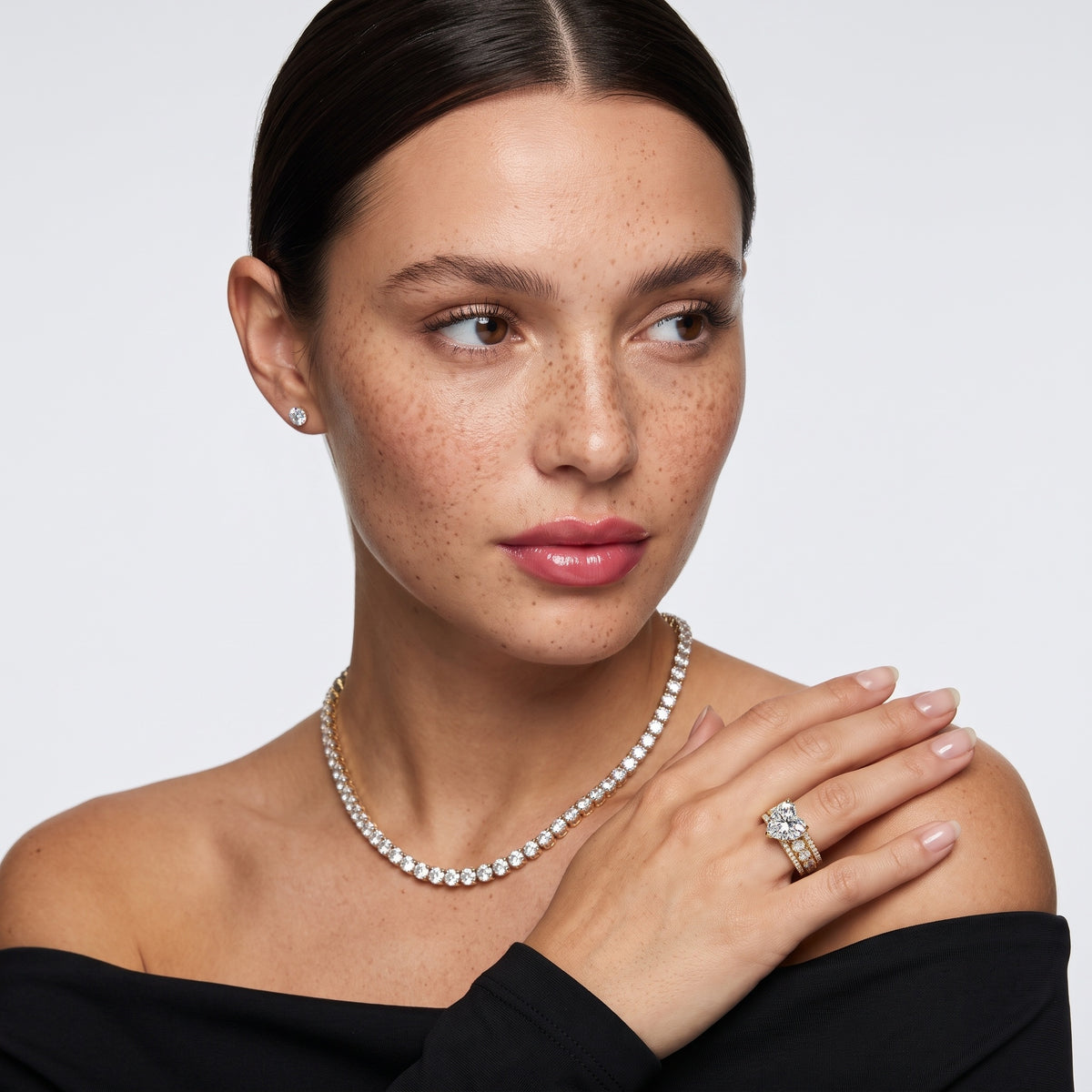 Oona Wide Band Pavé Heart Diamond Engagement Ring in Platinum - model.jpg