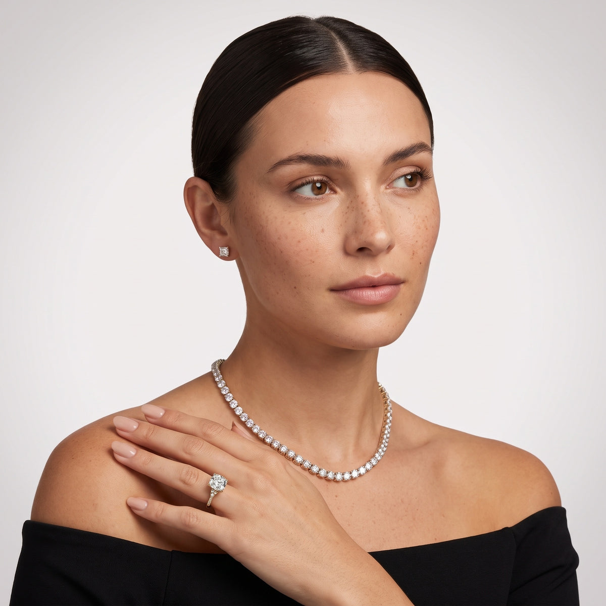 Reina Pavé Cluster Cushion Diamond Engagement Ring in Silver - model.jpg