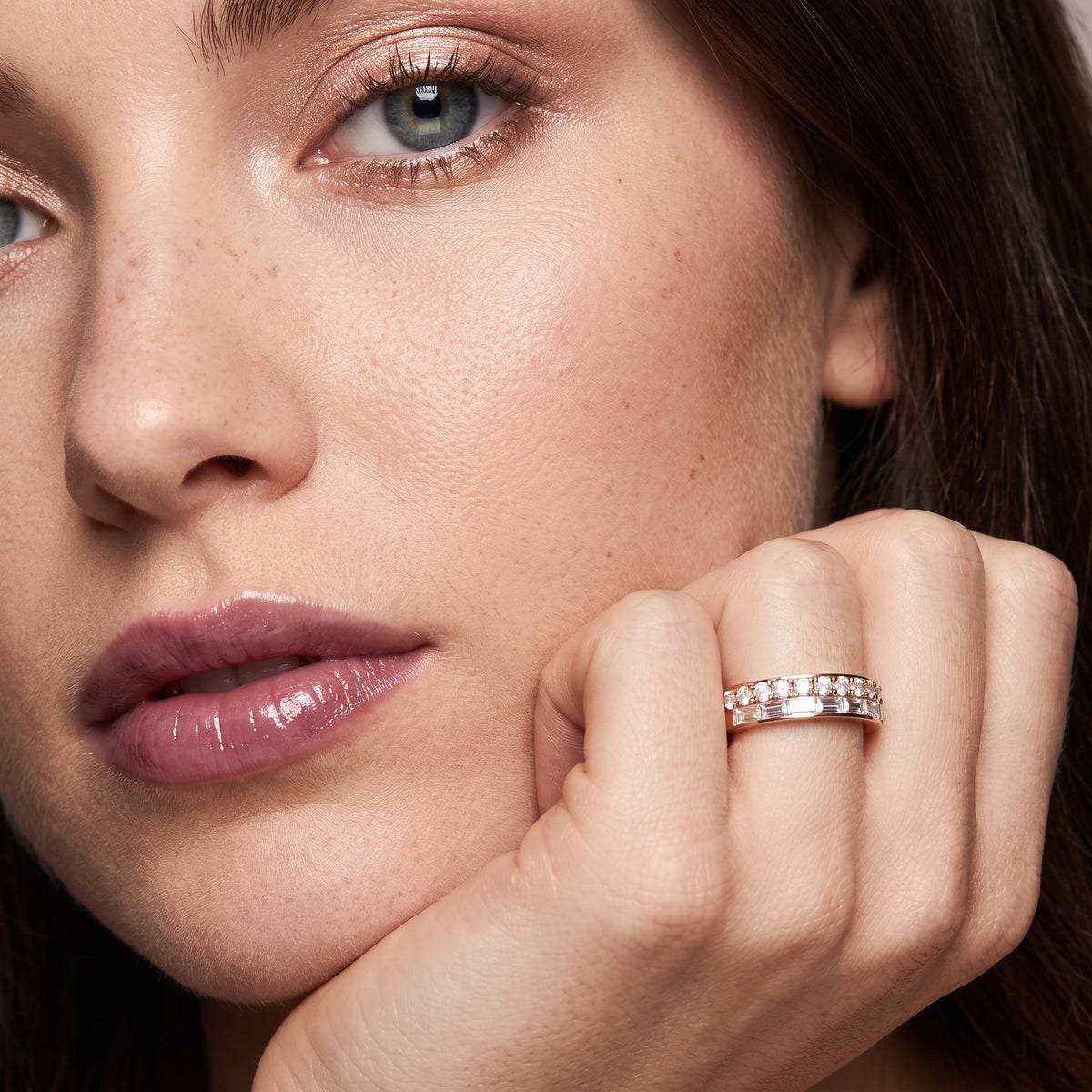 Genevieve Channel Set Round & Baguette Diamond Anniversary Ring in Rose Gold - model.jpg