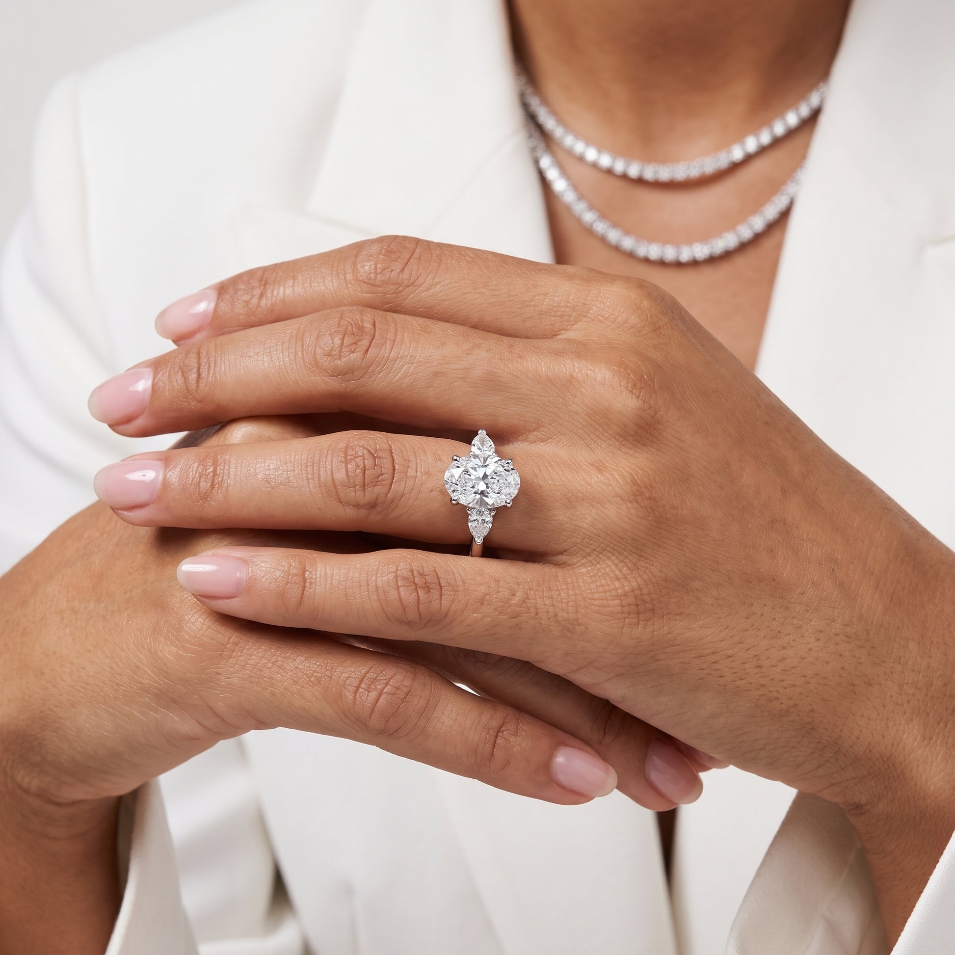 Leila Three-Stone Oval Diamond Engagement Ring in Silver - model.jpg