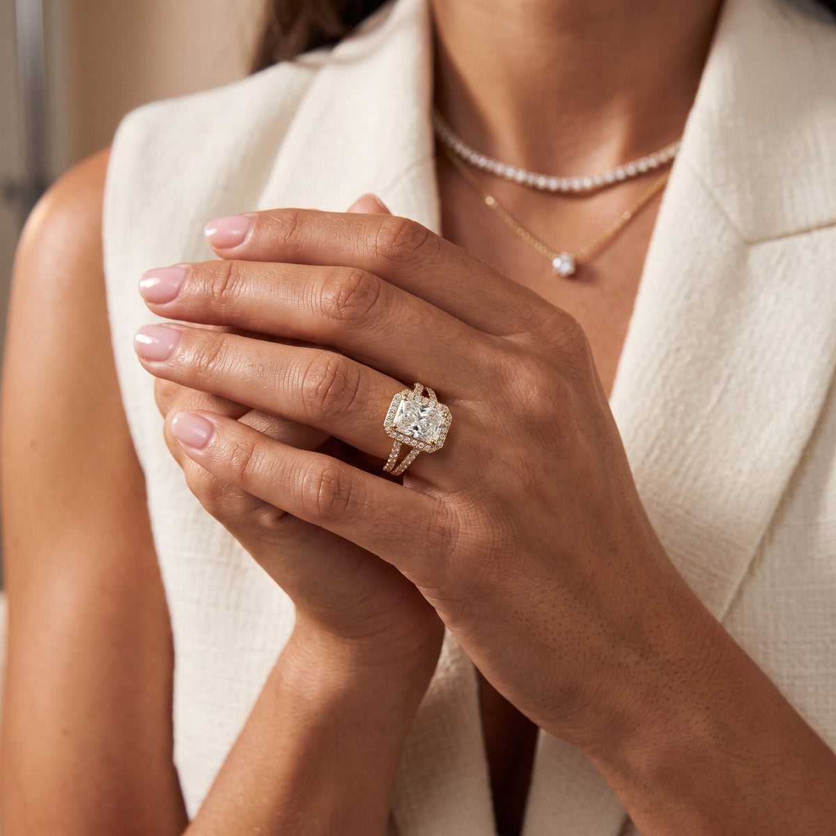 Kira Halo Split Shank Radiant Diamond Engagement Ring in Yellow Gold - model.jpg