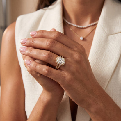 Kira Halo Split Shank Radiant Diamond Engagement Ring in Yellow Gold - model.jpg