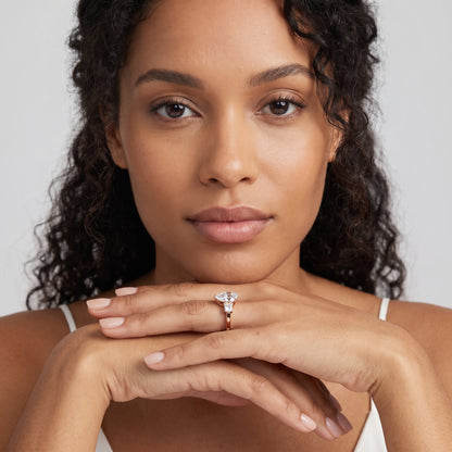 Selena Three-Stone Basket Pear Diamond Ring in Rose Gold - model.jpg