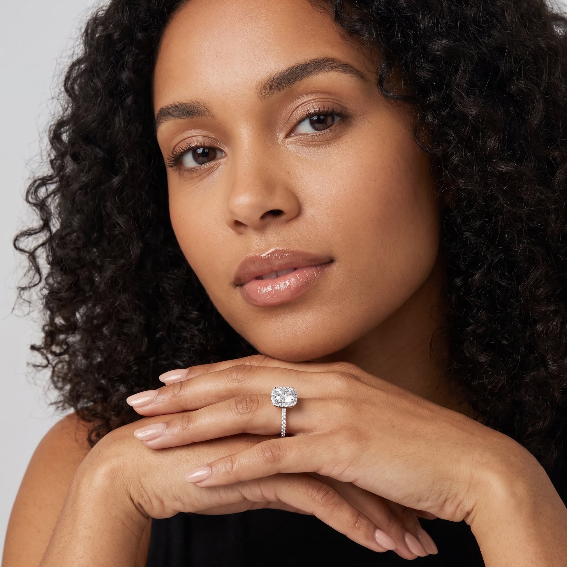 Sophie Halo Pavé Cushion Diamond Ring in Platinum - model.jpg