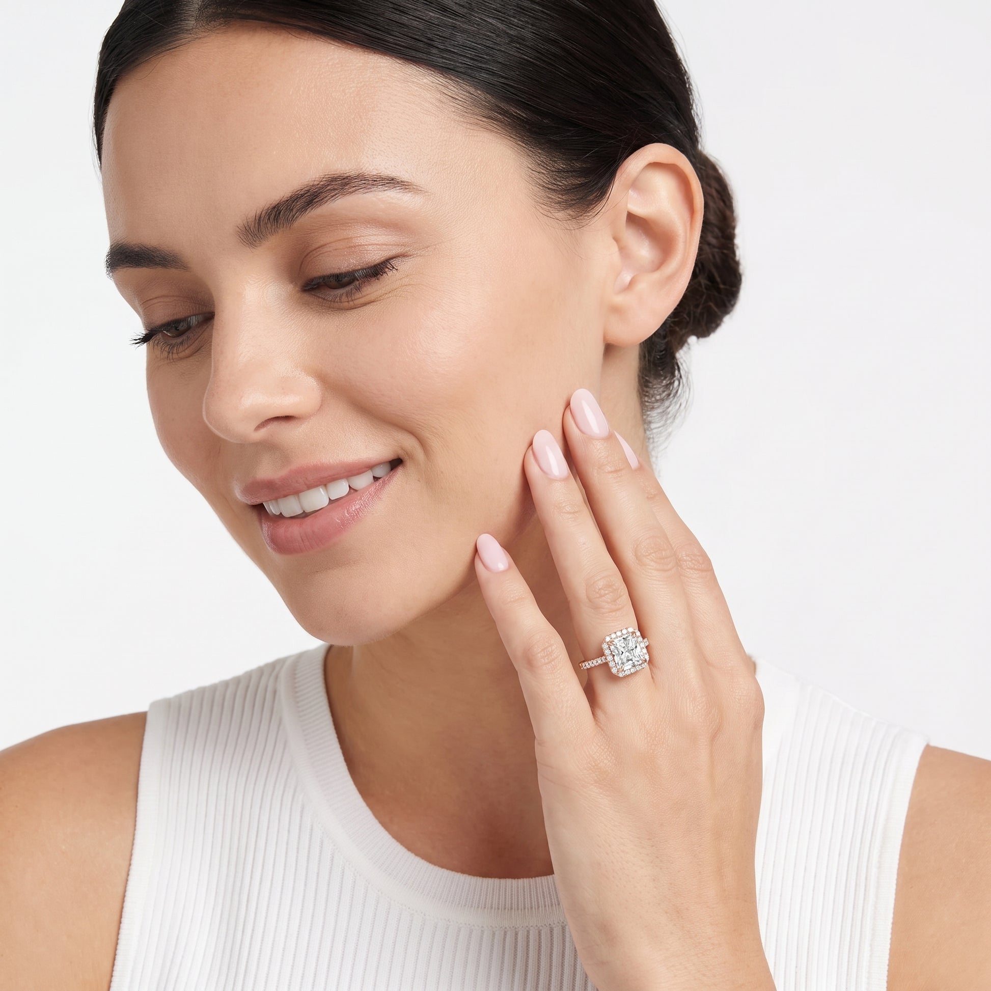 Amara Halo Claw Prong Radiant Diamond Ring in Rose Gold - model.jpg