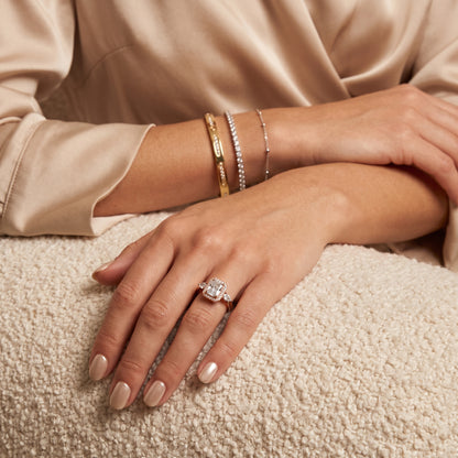 Eliza Halo Sidestone Radiant Diamond Engagement Ring in Rose Gold - model.jpg