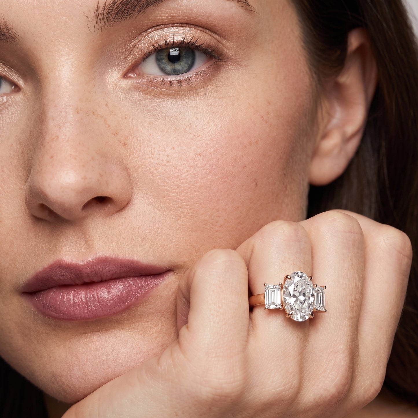 Zoe Three-Stone Oval Diamond Ring in Rose Gold - model.jpg