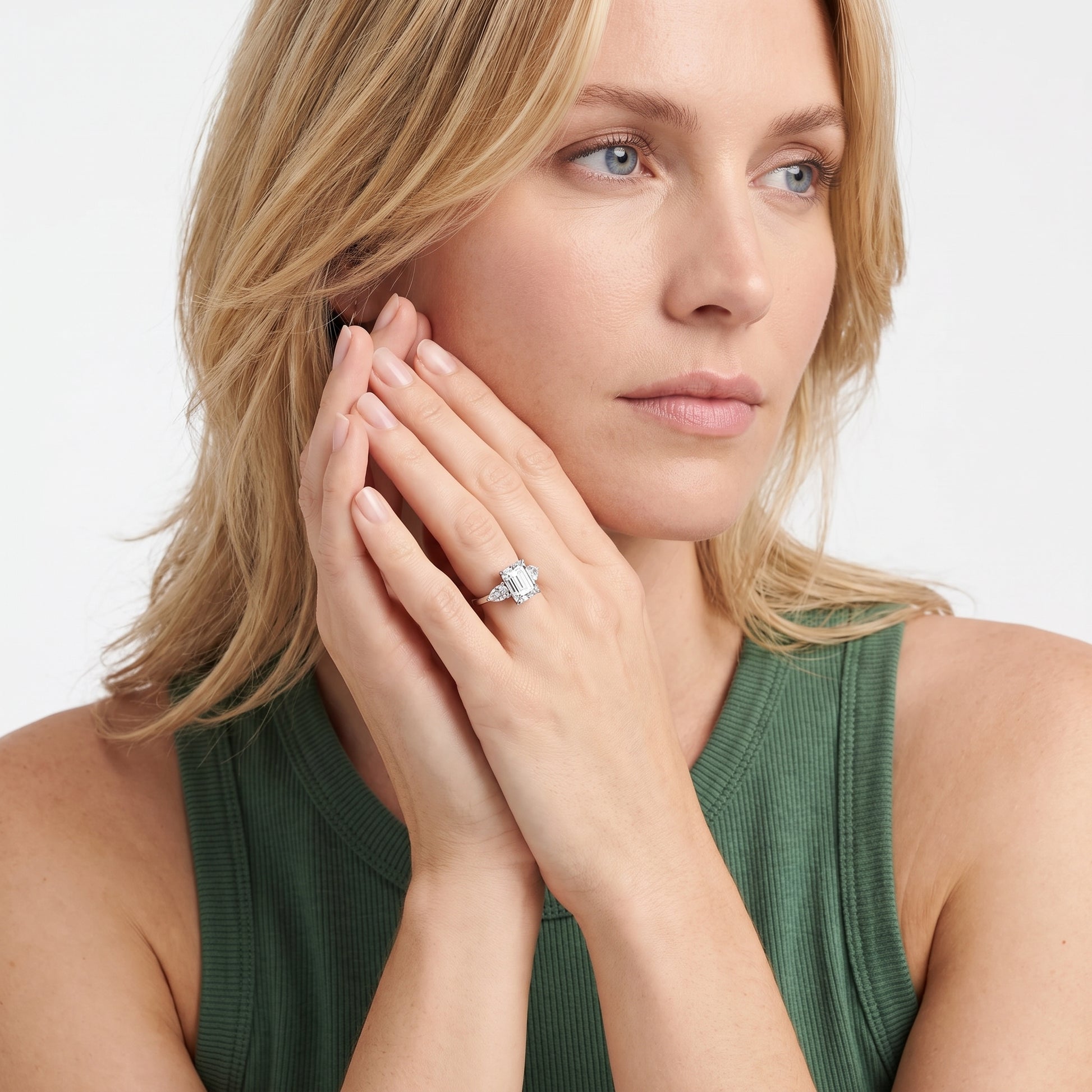 Phoebe Three-Stone Emerald Diamond Ring in Silver - model.jpg