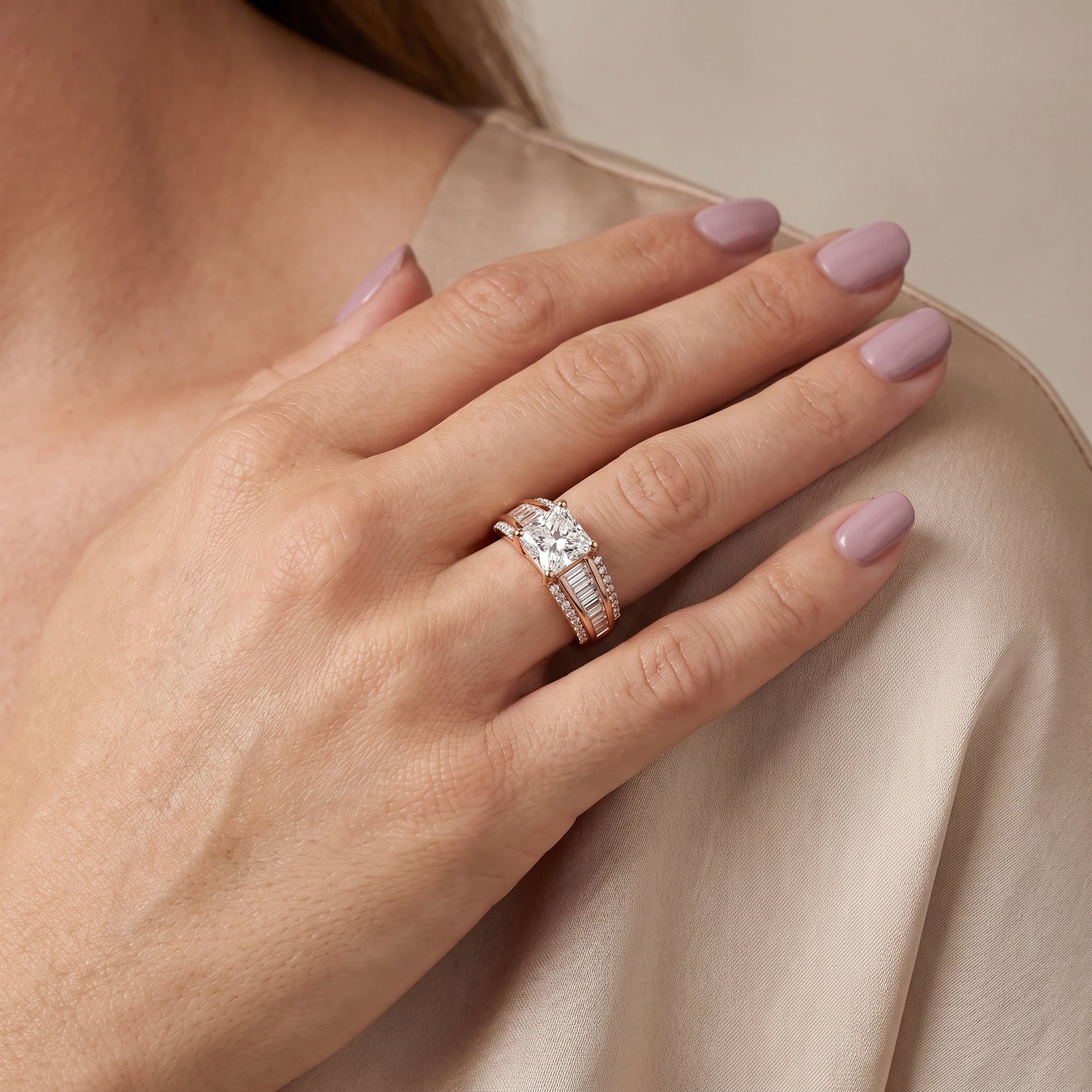 Halle Channel Set Baguette Accent Radiant Diamond Engagement Ring in Rose Gold - model.jpg