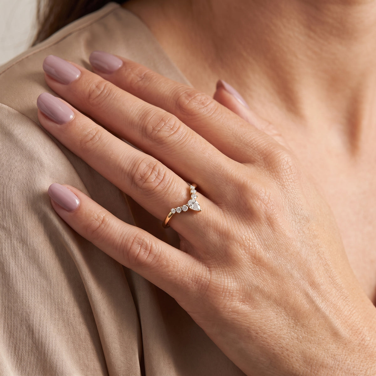 Nisha Curved Pear & Round Diamond Wedding Band in Yellow Gold - model.jpg