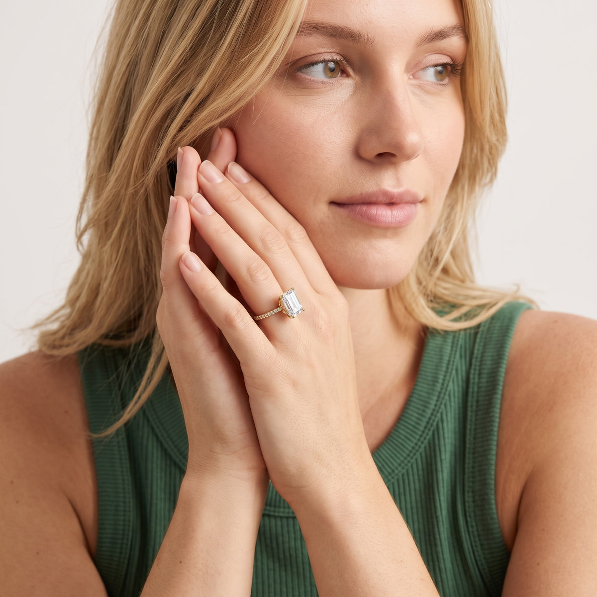 Moab Petal Pavé Emerald Diamond Engagement Ring in Platinum - model.jpg