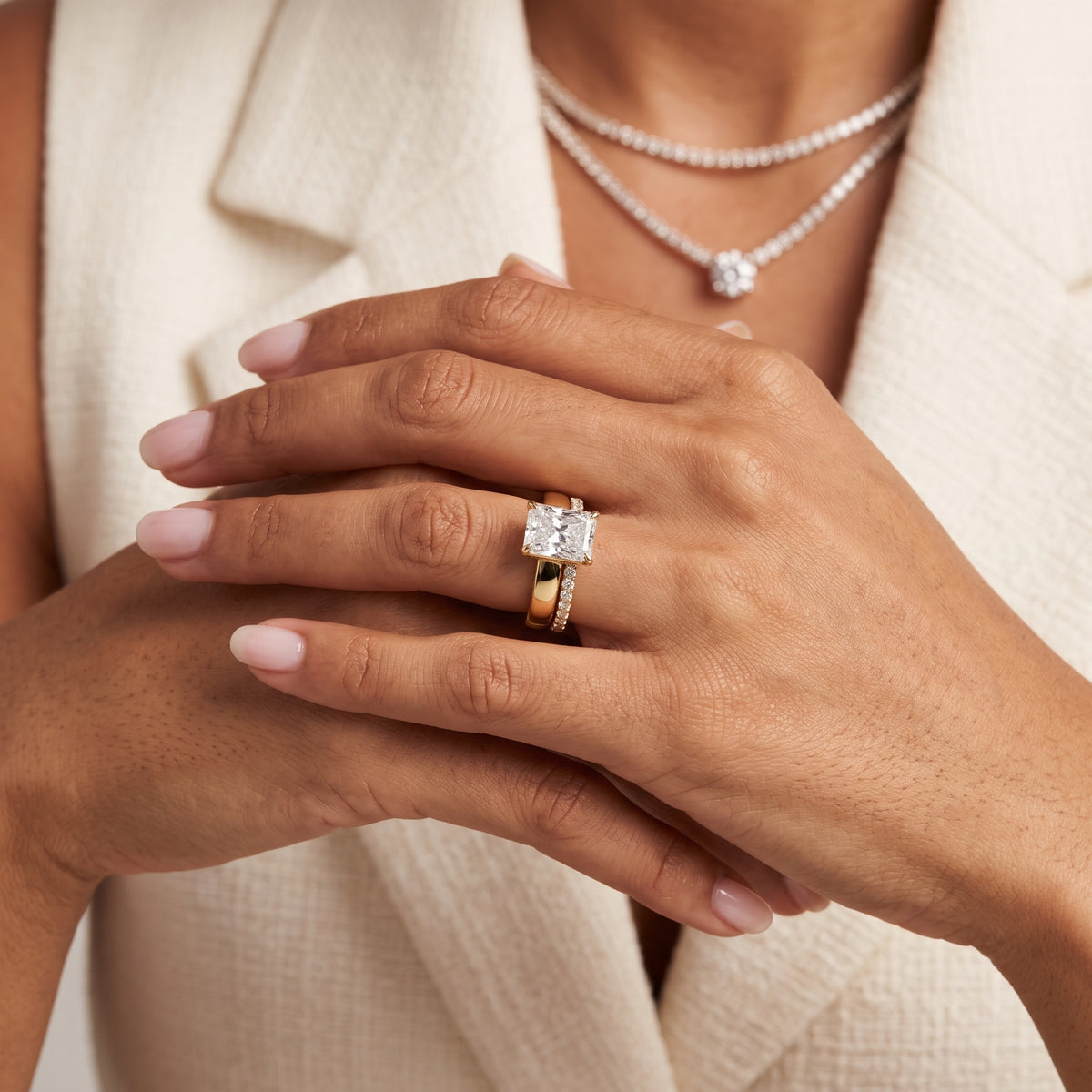 Josephine Split Shank Pavé Radiant Diamond Engagement Ring in Yellow Gold - model.jpg