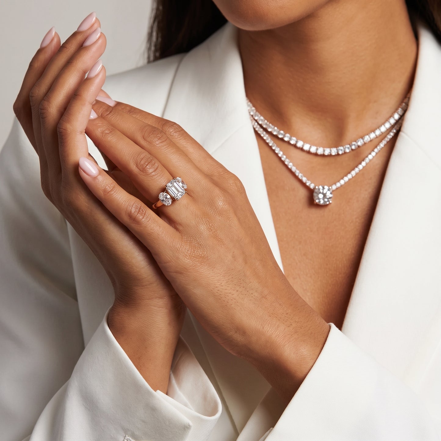 Lila Three-Stone Emerald Diamond Ring in Rose Gold - model.jpg