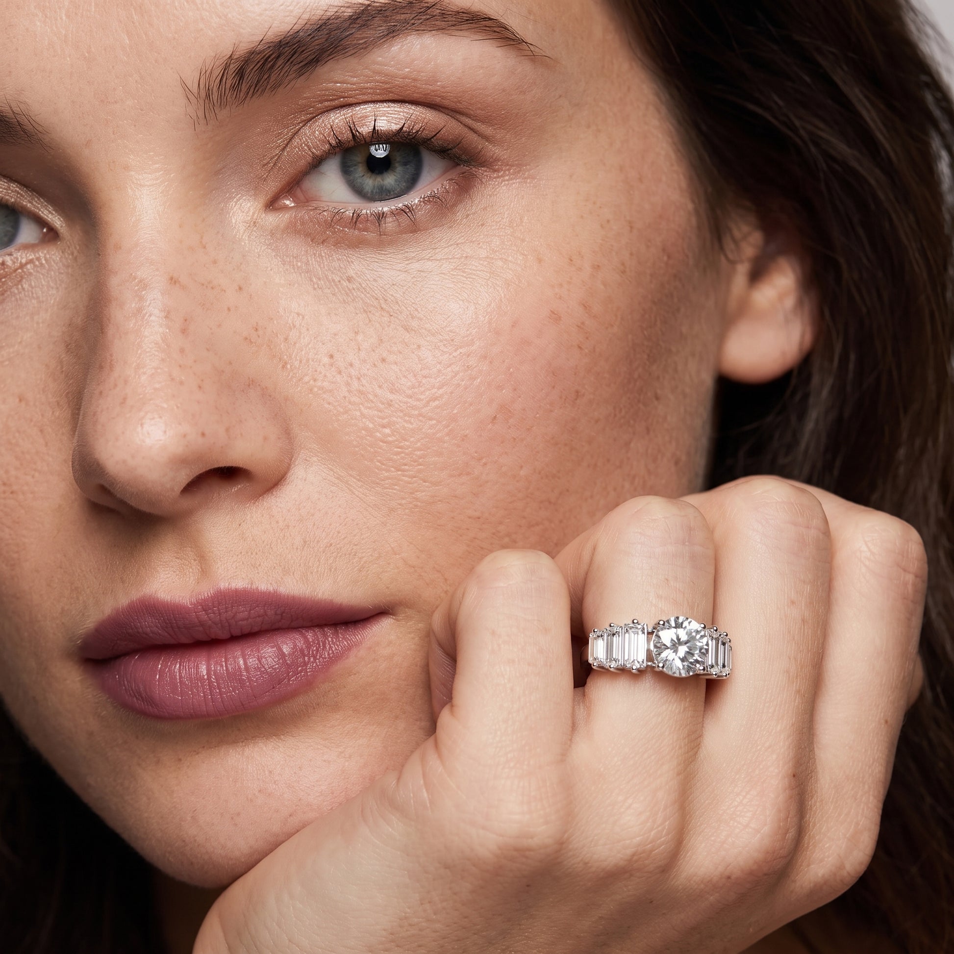 Mara Sidestone Baguette Accent Round Diamond Engagement Ring in White Gold - model.jpg