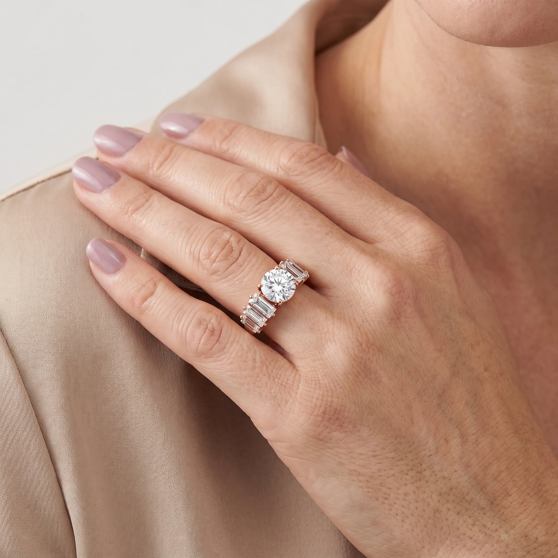 Mara Sidestone Baguette Accent Round Diamond Engagement Ring in Rose Gold - model.jpg