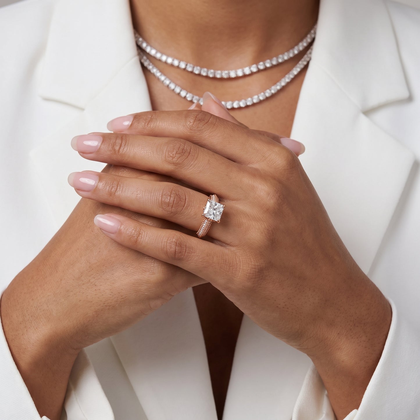 Indie Vintage Milgrain Radiant Diamond Engagement Ring in Rose Gold - model.jpg