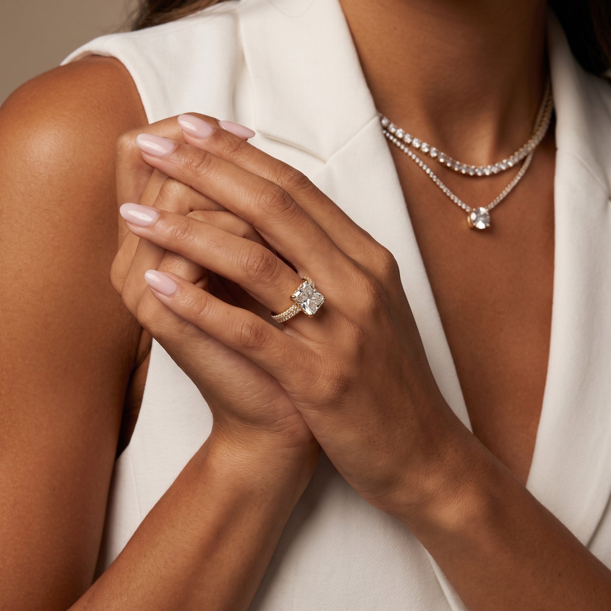 Della Hidden Halo Pavé Radiant Diamond Engagement Ring in Yellow Gold - model.jpg