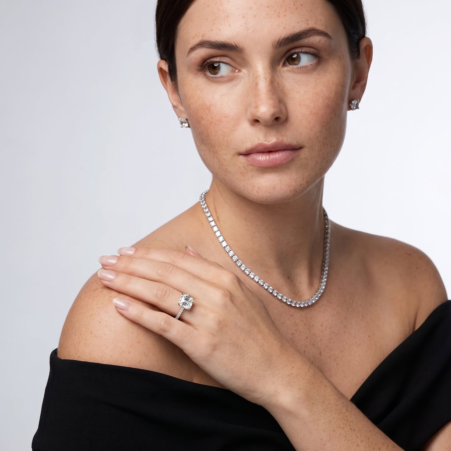 Novara Solitaire Pavé Asscher Diamond Ring in Silver - model.jpg