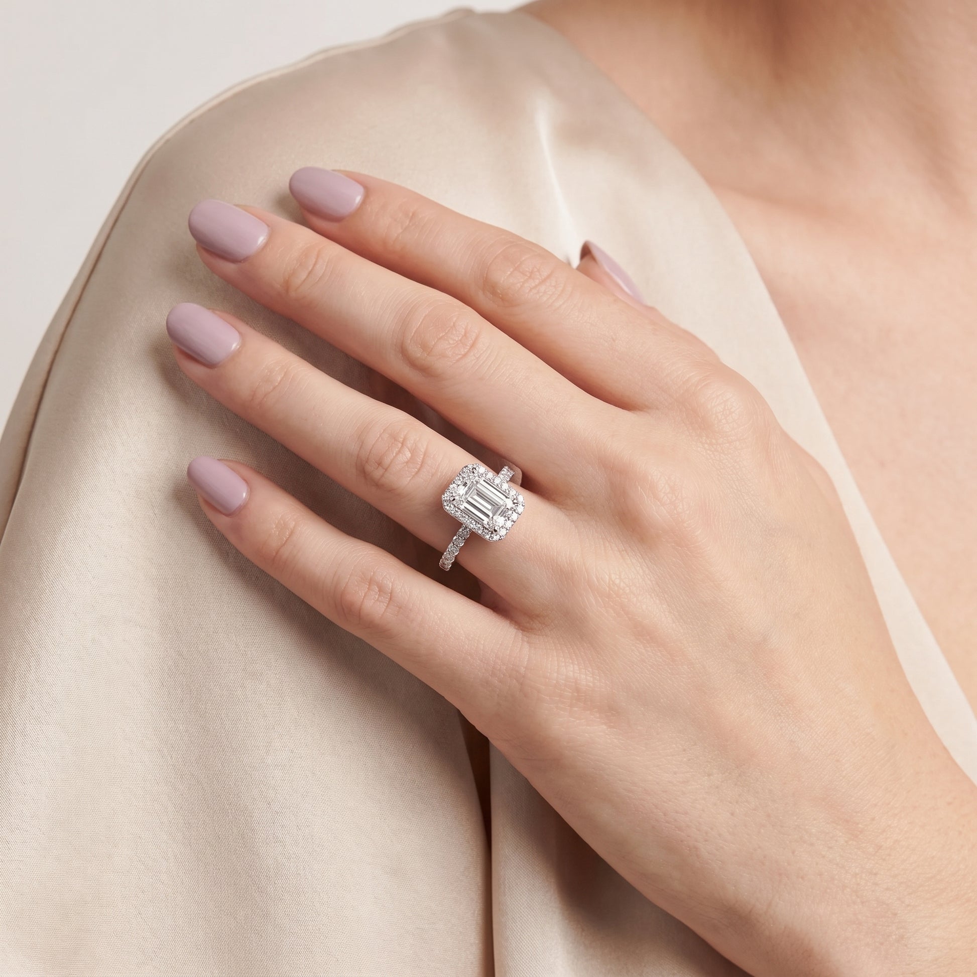 Chloe Halo Pavé Emerald Diamond Ring in Platinum - model.jpg