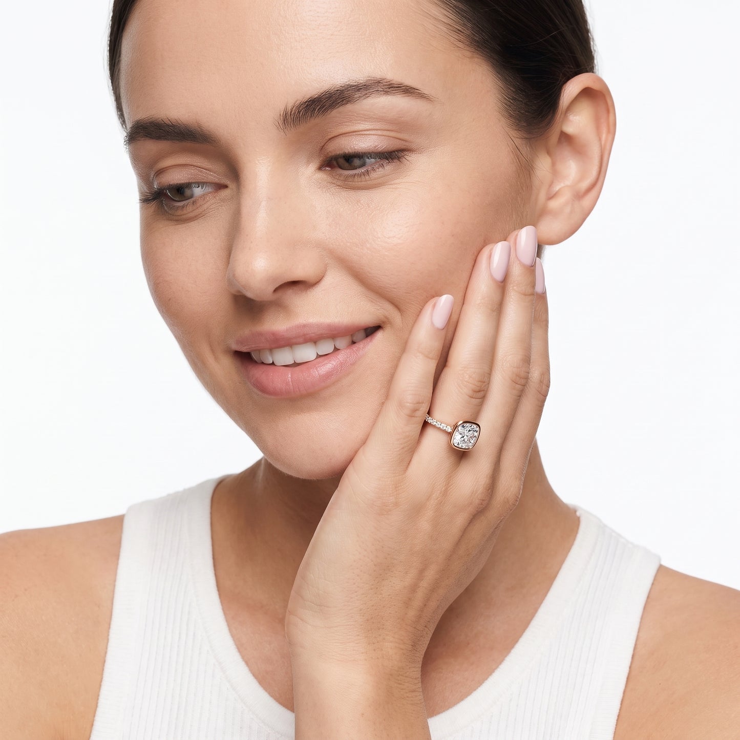 Cora Bezel Pavé Cushion Diamond Ring in Rose Gold - model.jpg