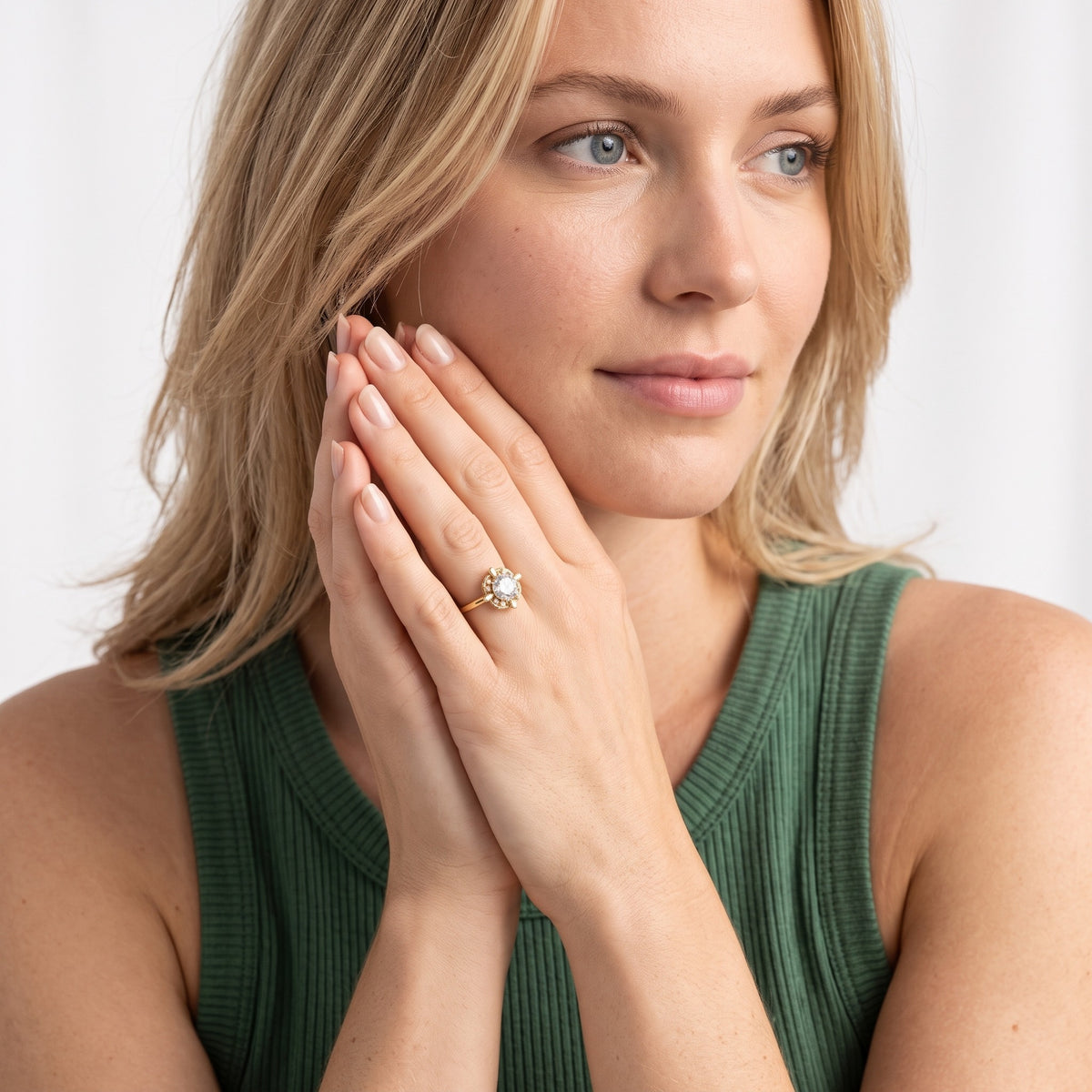Anna Floral Cluster Round Diamond Engagement Ring in Rose Gold - model.jpg