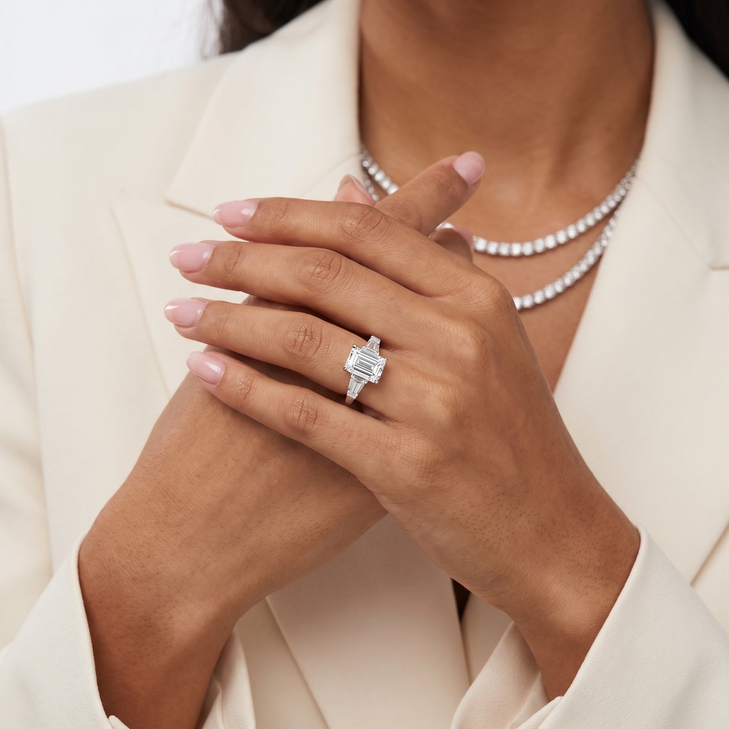 Layla Tapered Baguette Emerald Diamond Ring in Platinum - model.jpg