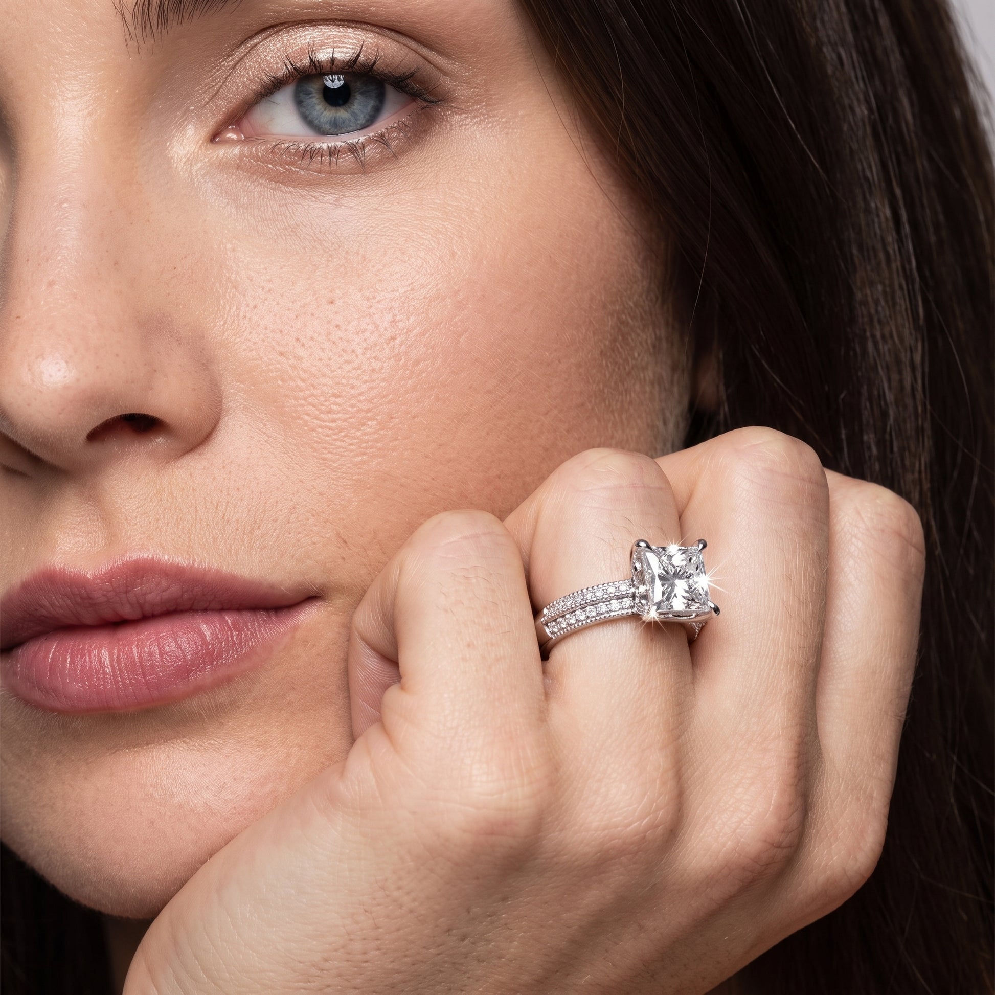 Indie Vintage Milgrain Princess Diamond Engagement Ring in Platinum - model.jpg