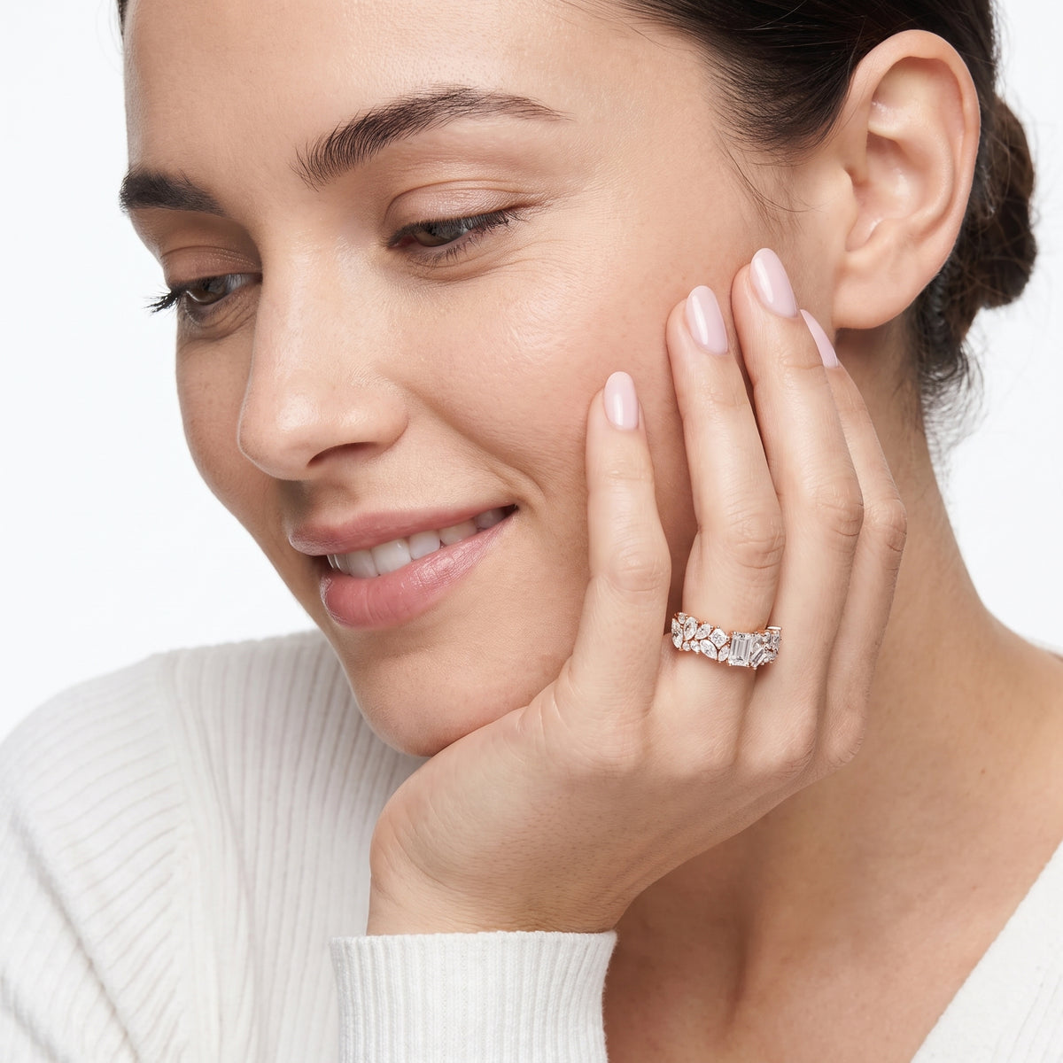 Louisa Cluster Emerald & Pear Diamond Anniversary Ring in Rose Gold - model.jpg