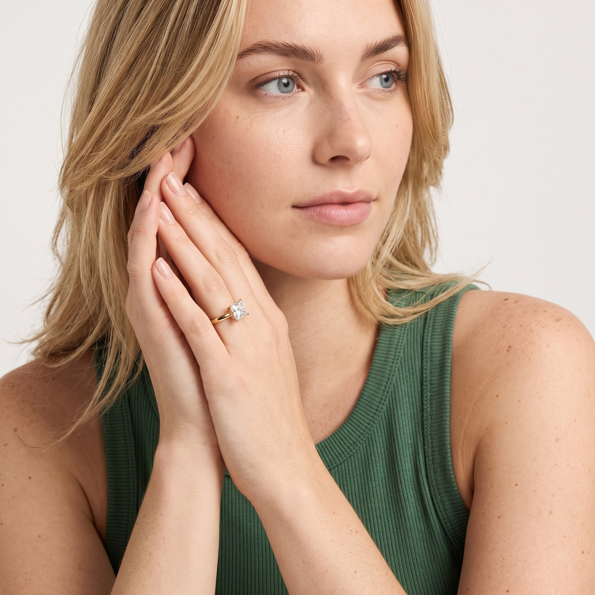 Elspeth Solitaire Princess Diamond Engagement Ring in Yellow Gold - model.jpg