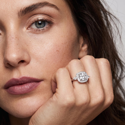 Eliza Halo Sidestone Cushion Diamond Engagement Ring in Platinum - model.jpg