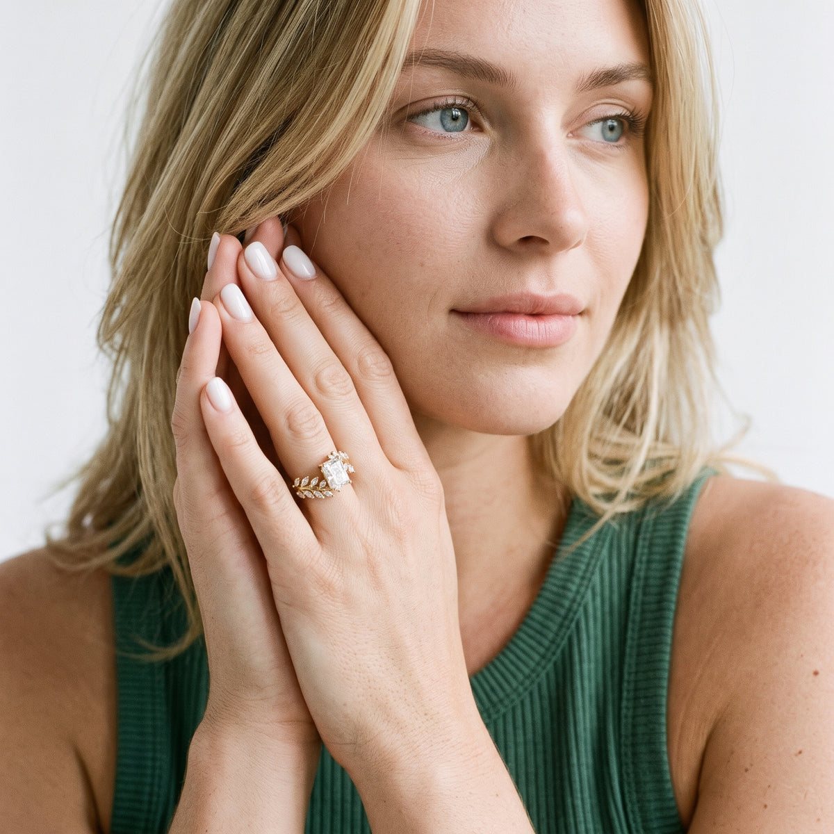 Clarion Leaf Bypass Radiant Diamond Engagement Ring in Silver - model.jpg