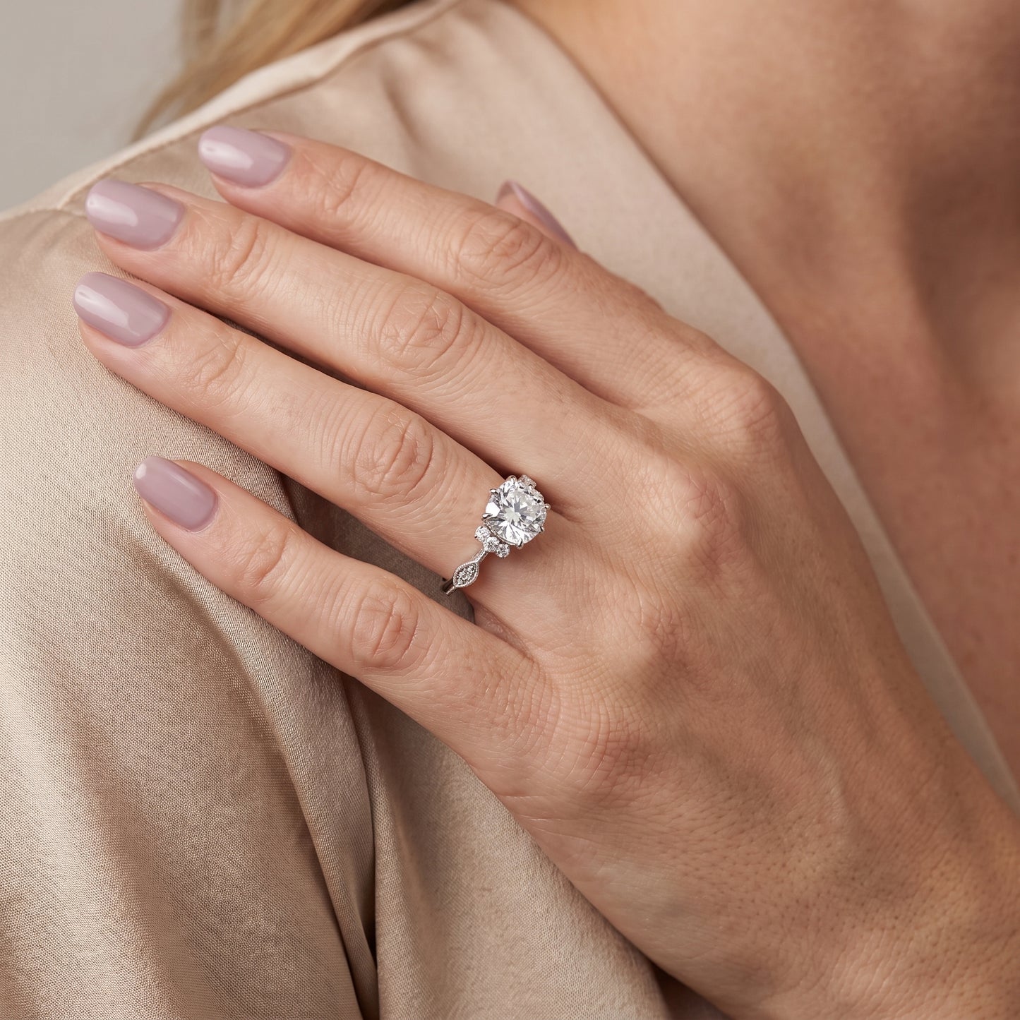 Naomi Vintage Milgrain Cushion Diamond Engagement Ring in Platinum - model.jpg
