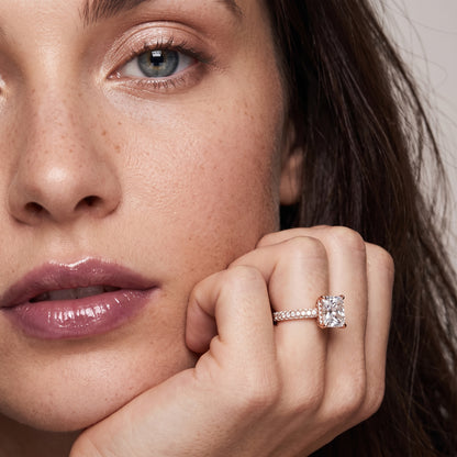 Della Hidden Halo Pavé Radiant Diamond Engagement Ring in Rose Gold - model.jpg