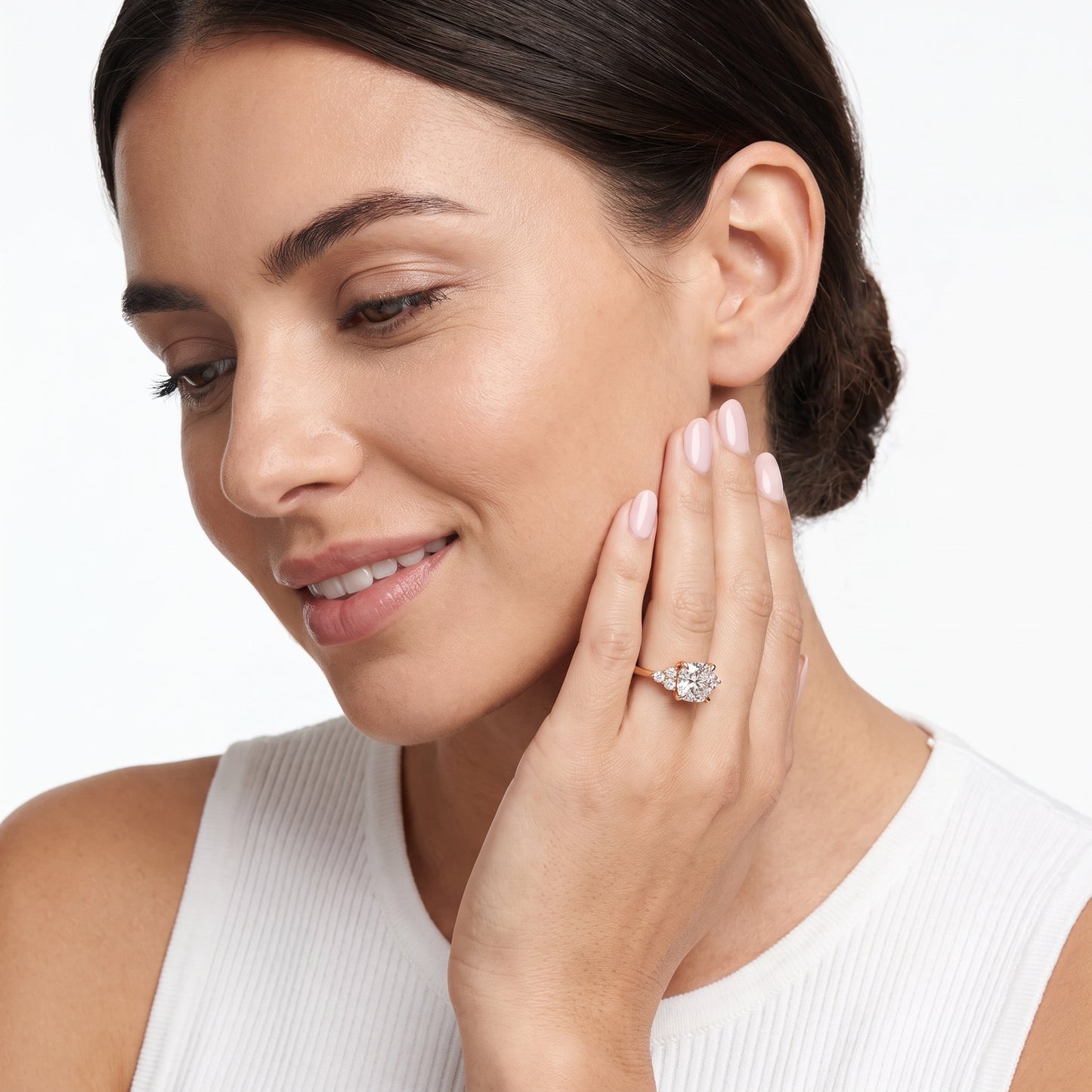 Anya Sidestone Cluster Cushion Diamond Ring in Rose Gold - model.jpg