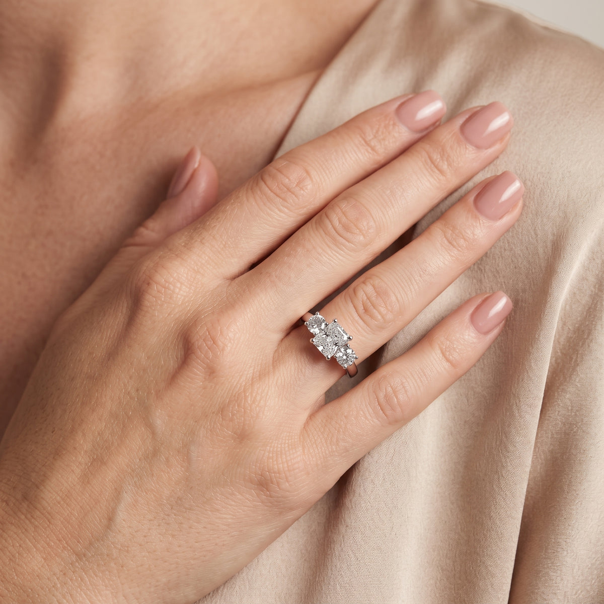 Callie Three-Stone Trellis Radiant Diamond Engagement Ring in White Gold - model.jpg