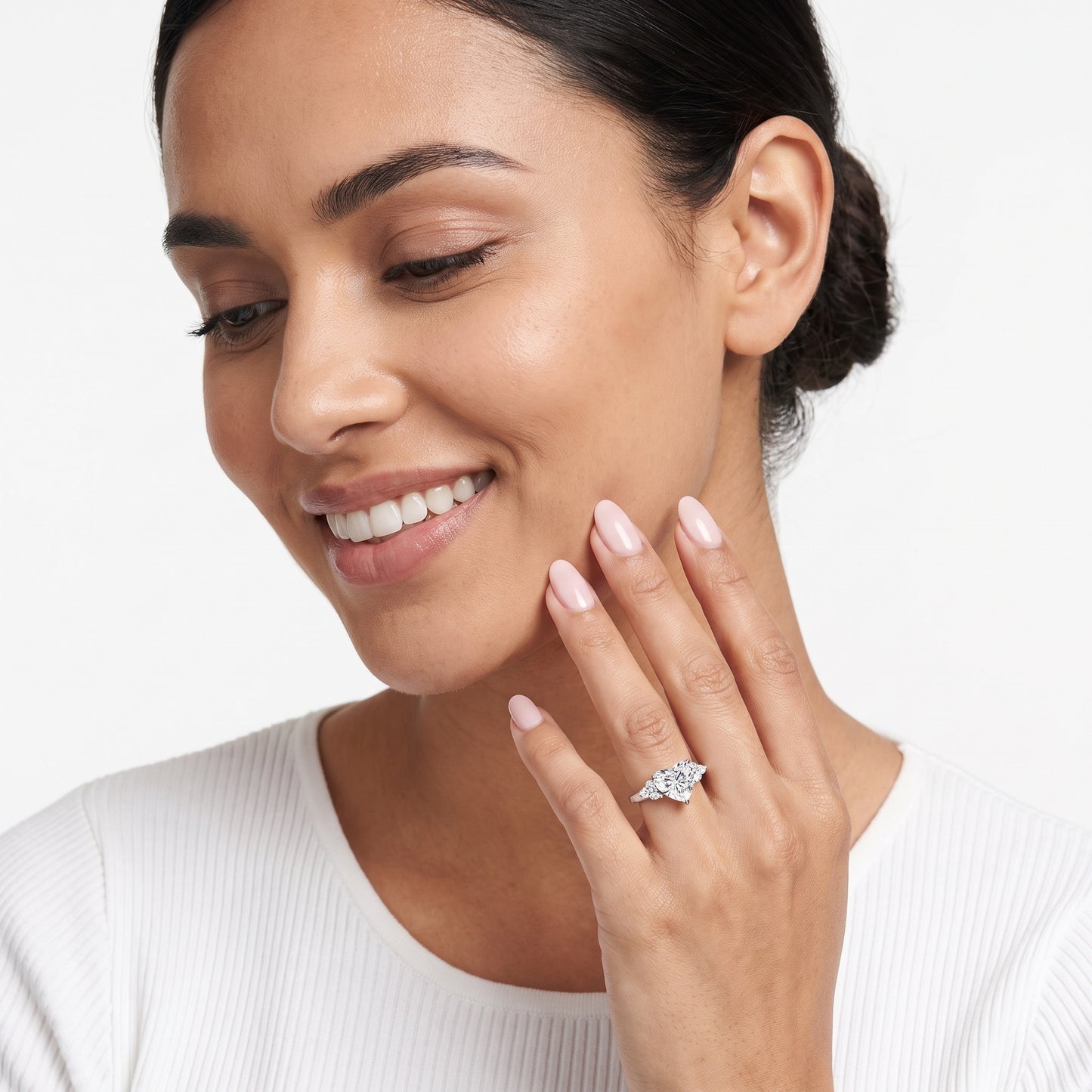Anya Sidestone Cluster Heart Diamond Ring in Platinum - model.jpg