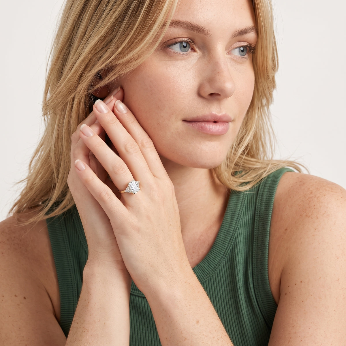 Clemency Three-Stone Cathedral Emerald Diamond Engagement Ring in White Gold - model.jpg