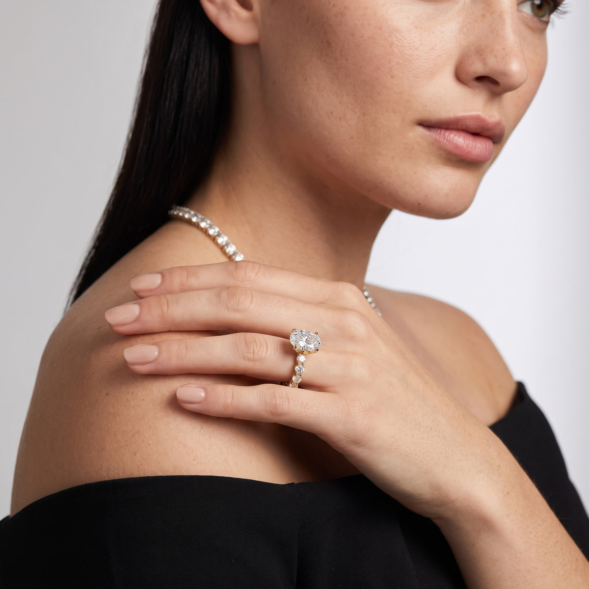 Maura Beaded Statement Oval Diamond Engagement Ring in White Gold - model.jpg