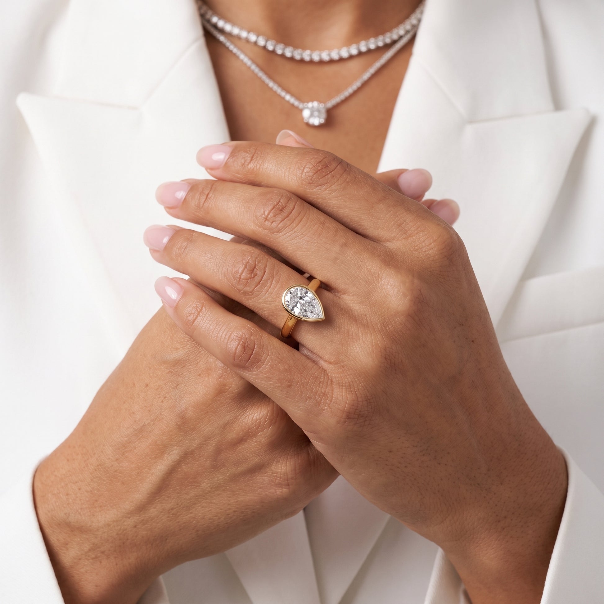 Jolie Bezel Solitaire Pear Diamond Engagement Ring in Yellow Gold - model.jpg