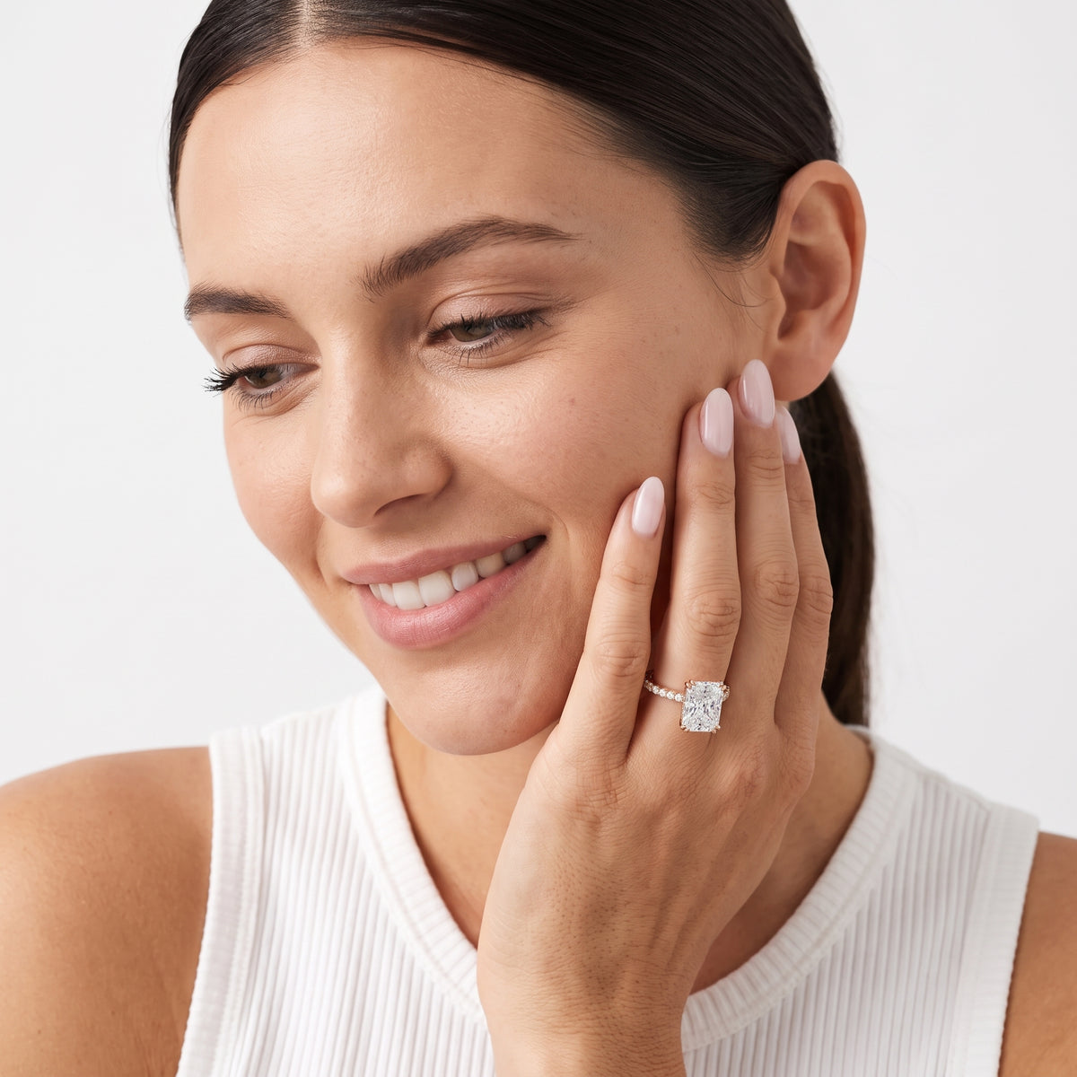 Luna Solitaire Pavé Radiant Diamond Engagement Ring in Rose Gold - model.jpg