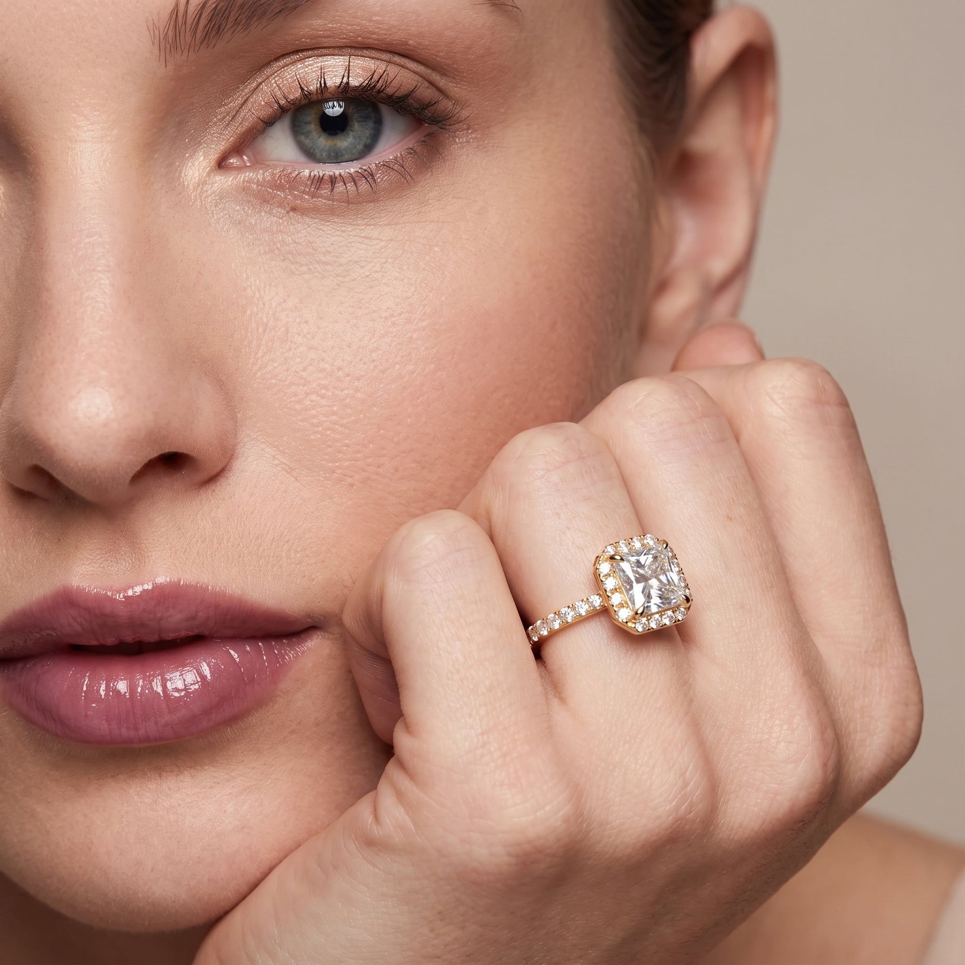 Amara Halo Claw Prong Radiant Diamond Ring in Yellow Gold - model.jpg