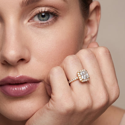Amara Halo Claw Prong Radiant Diamond Ring in Yellow Gold - model.jpg