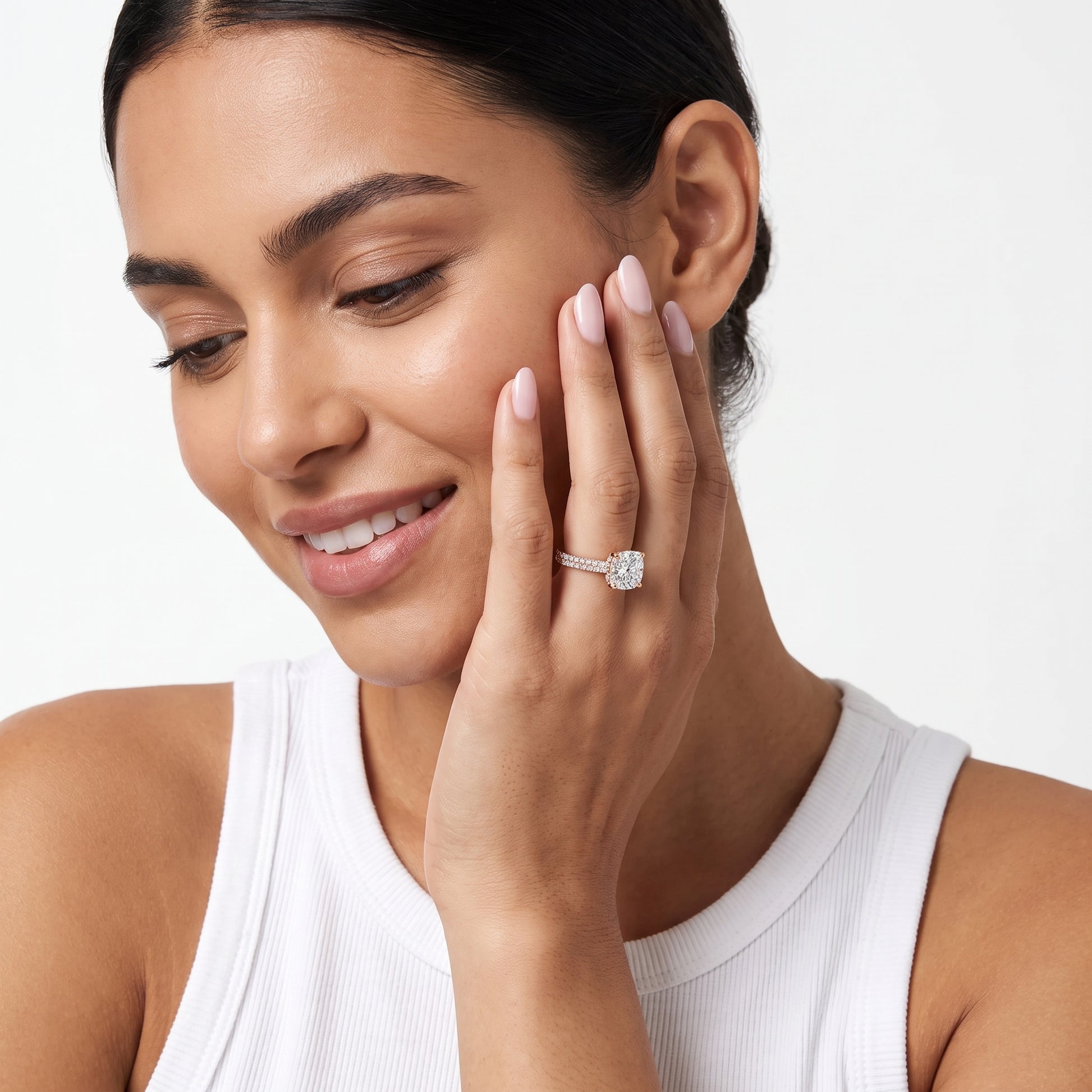 Della Hidden Halo Pavé Cushion Diamond Engagement Ring in Rose Gold - model.jpg