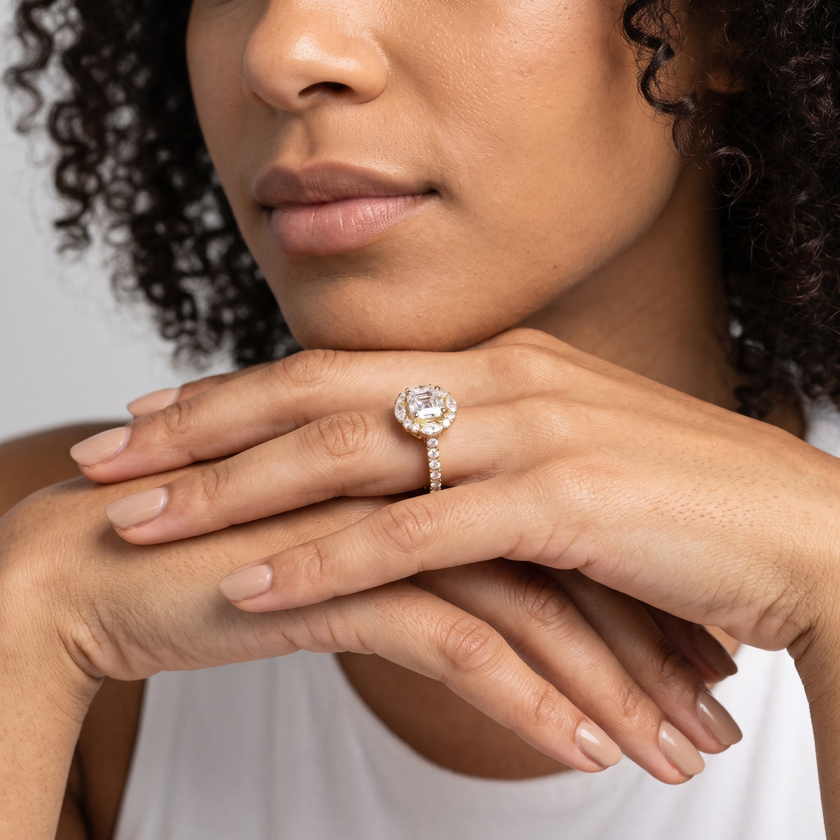 Edina Floral Halo Asscher Diamond Engagement Ring in Rose Gold - model.jpg