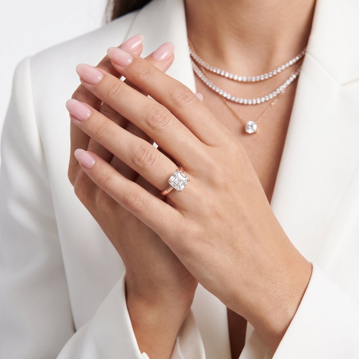 Liana Solitaire Claw Prong Asscher Diamond Engagement Ring in Rose Gold - model.jpg