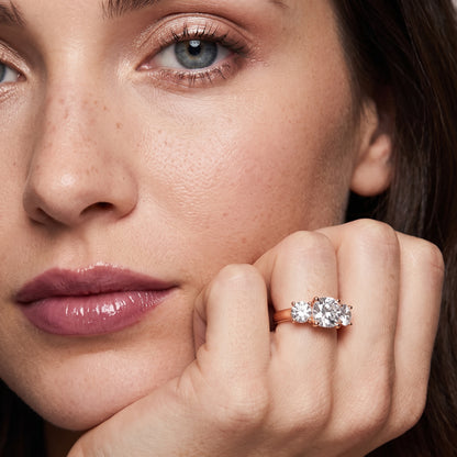 Callie Three-Stone Trellis Cushion Diamond Ring in Rose Gold - model.jpg