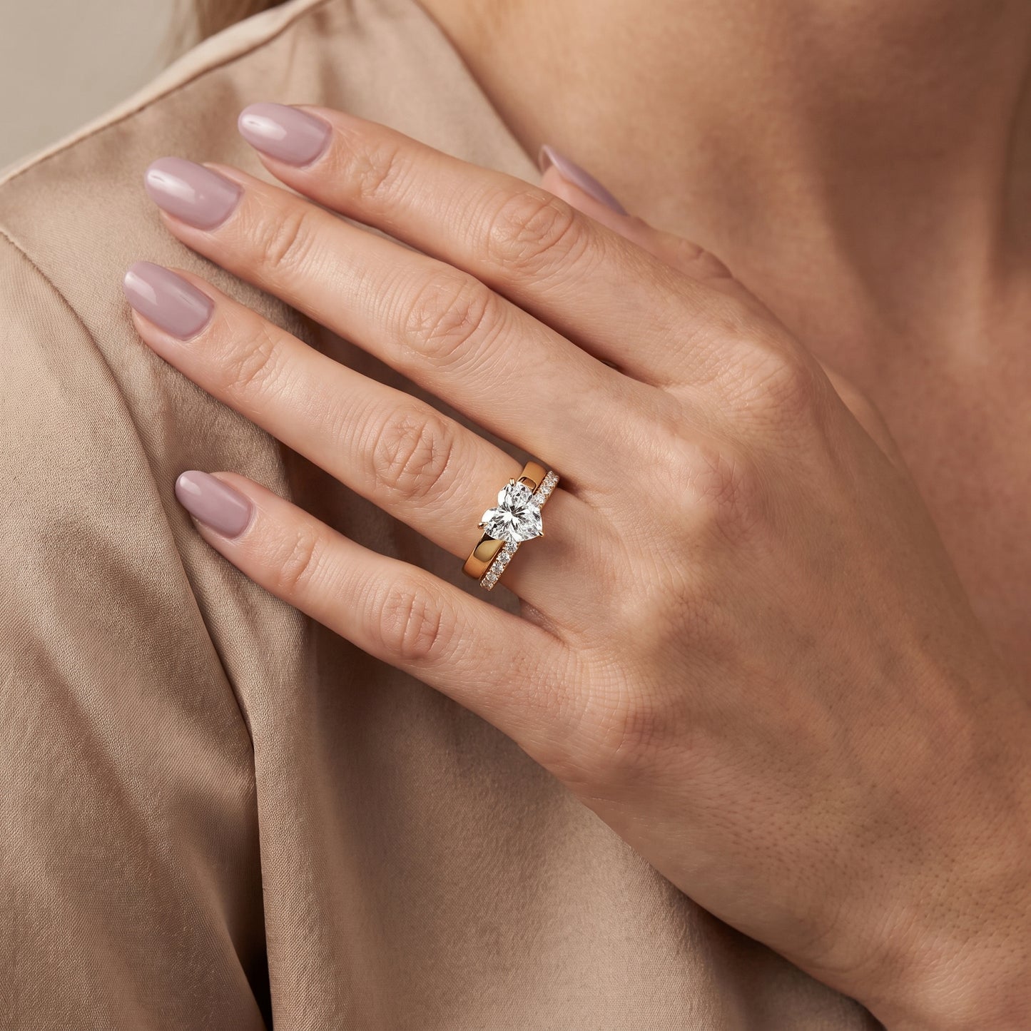 Veda Split Shank Pavé Heart Diamond Engagement Ring in Yellow Gold - model.jpg