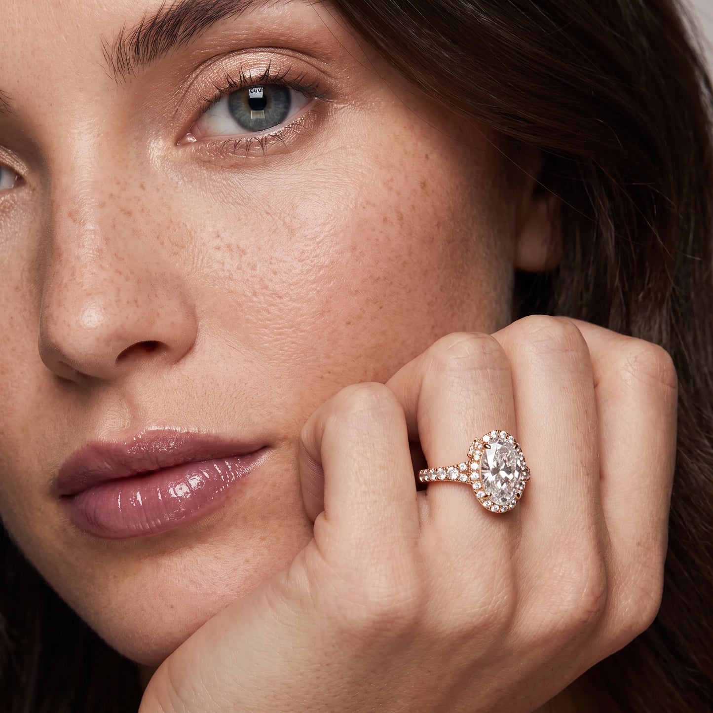 Bella Halo Pavé Oval Diamond Engagement Ring in Rose Gold - model.jpg